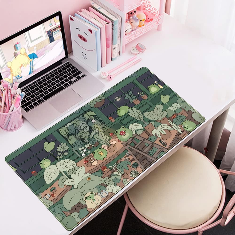 Cute Frog Mouse Pad Desk Pad Kawaii Green Decor Mat, Large Gaming Mouse Pad for Desk Computer Keyboard Laptop, Desk Decor Home Office Accessories for Girl (31.5x15.7 in) with Stitched Eges Pad