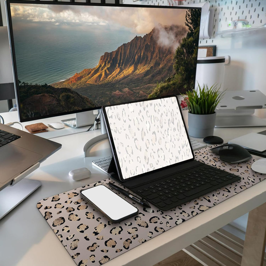 MAY FLOWER Gaming Mouse pad, Large Laptop Mousepad, Full Keyboard Mat, Long Computer Mouse Mat for Home and Office, Anti-Slip Rubber Base, 31.5 x 11.8 Inches (Leopard Print)