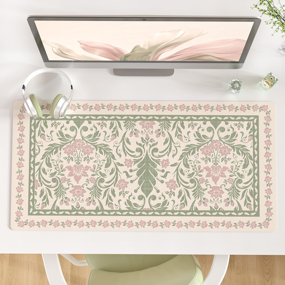 QIYI PU Leather Large Mouse Pad, Waterproof Desk Mat, 31.5" x 15.7", Peony