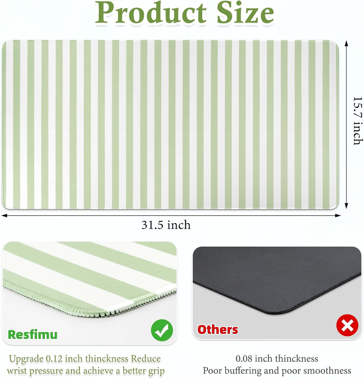 Green Striped Desk Mat Large Mouse Pad Cute Desk Pad Keyboard Computer Mat