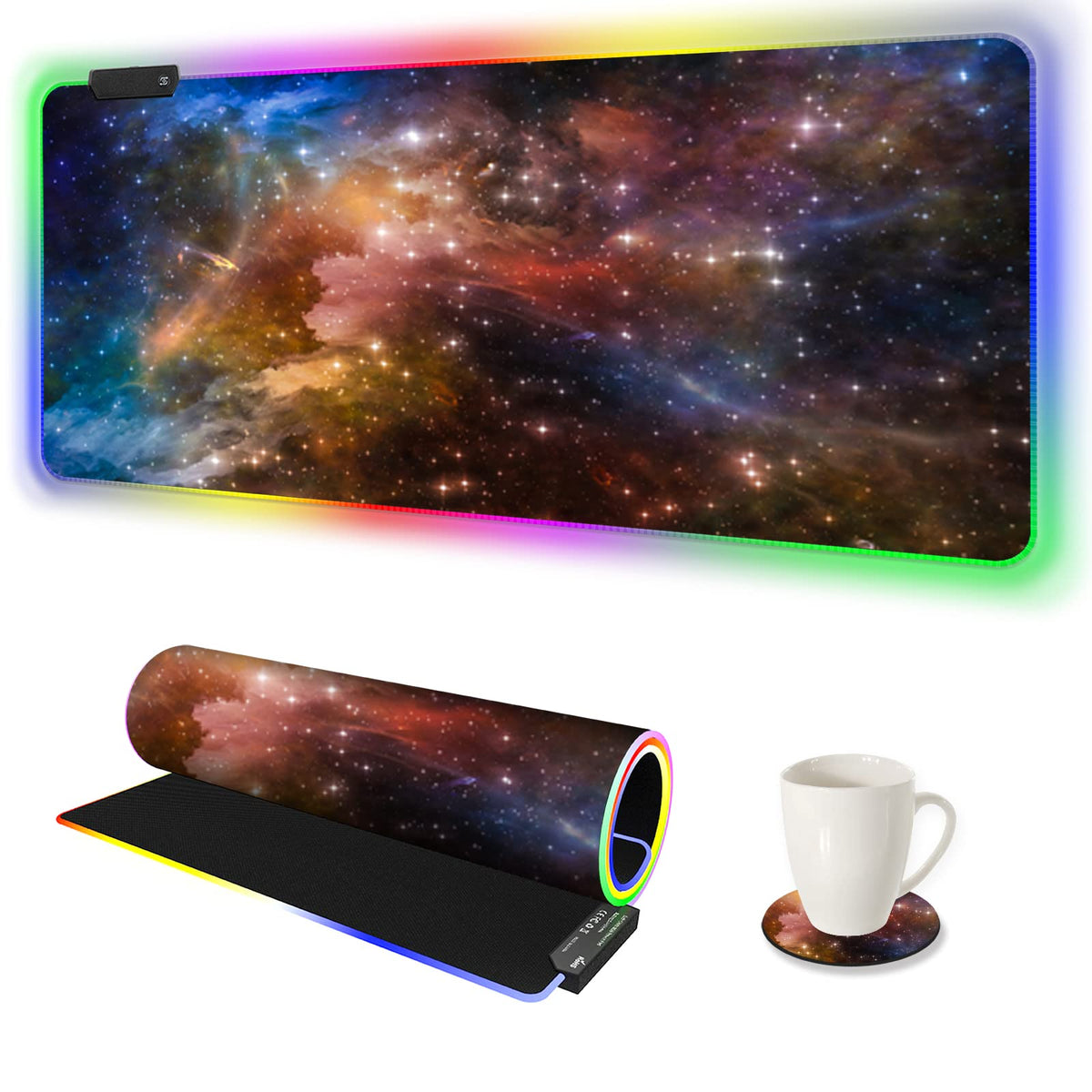AIMSA RGB Gaming Mouse Pad Extended, Large Led Mousepads Non-Slip Rubber Base with 14 Lighting Modes, Computer Keyboard Mat Soft Desk pad Waterproof 35.4 x 15.8 inches, Galaxy Nebula Universe