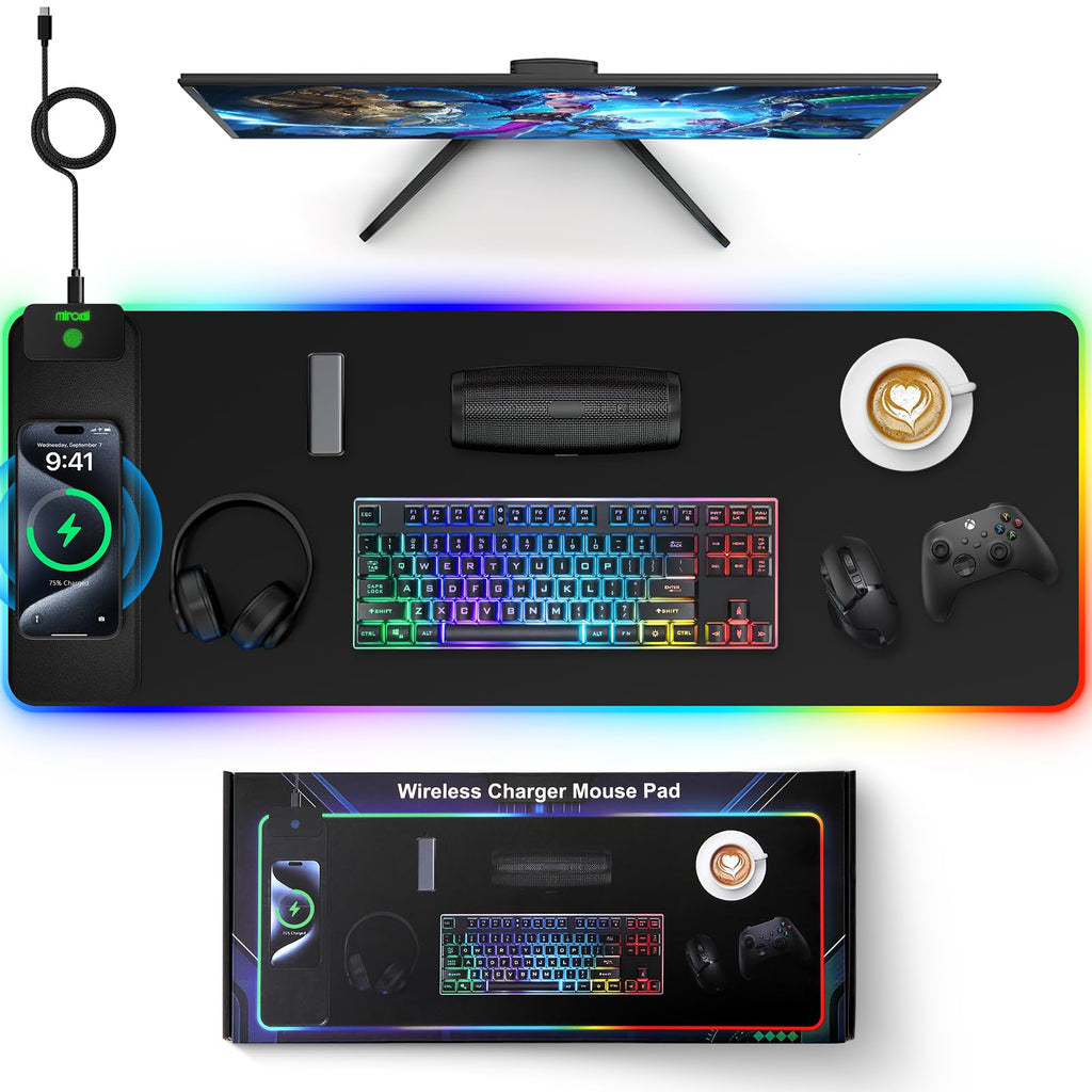 XXL Mouse Pad with Phone Holder - Black, RGB Desk Mat with 15W Fast Charging, LED Gaming Mousepad with 11 Light Colors, Waterproof Non-Slip Pad for Office & Home (Black with PD Adapter)