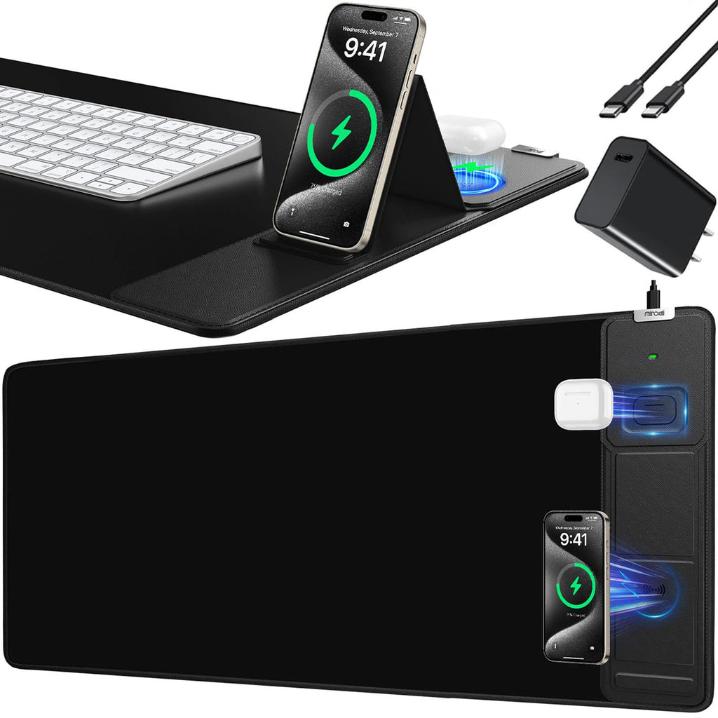 XXL Mouse Pad with Phone Holder - Black, RGB Desk Mat with 15W Fast Charging, LED Gaming Mousepad with 11 Light Colors, Waterproof Non-Slip Pad for Office & Home (Black with PD Adapter)