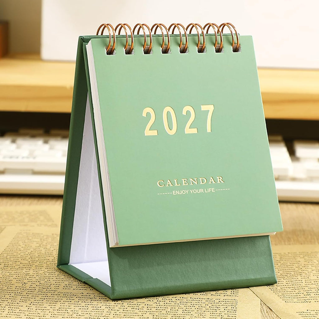 Mini Desk Calendar 2026-2027 - Runs From July 2026 until Dec 2027 Monthy Small Desktop Calendar 250 GSM Thick Paper Twin-Wire Binding for Home or Office (Green)