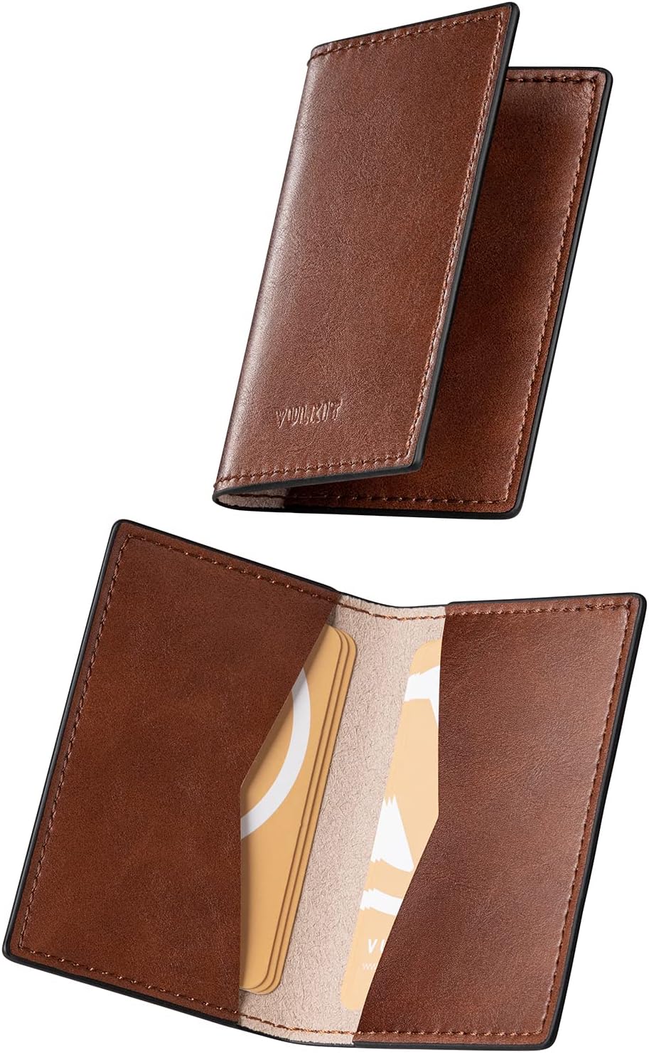 VULKIT Leather Business Card Holder 2 Sided Slim Business Name Card Organizer for Men or Women, Up to hold 20 cards (Vintage Brown)