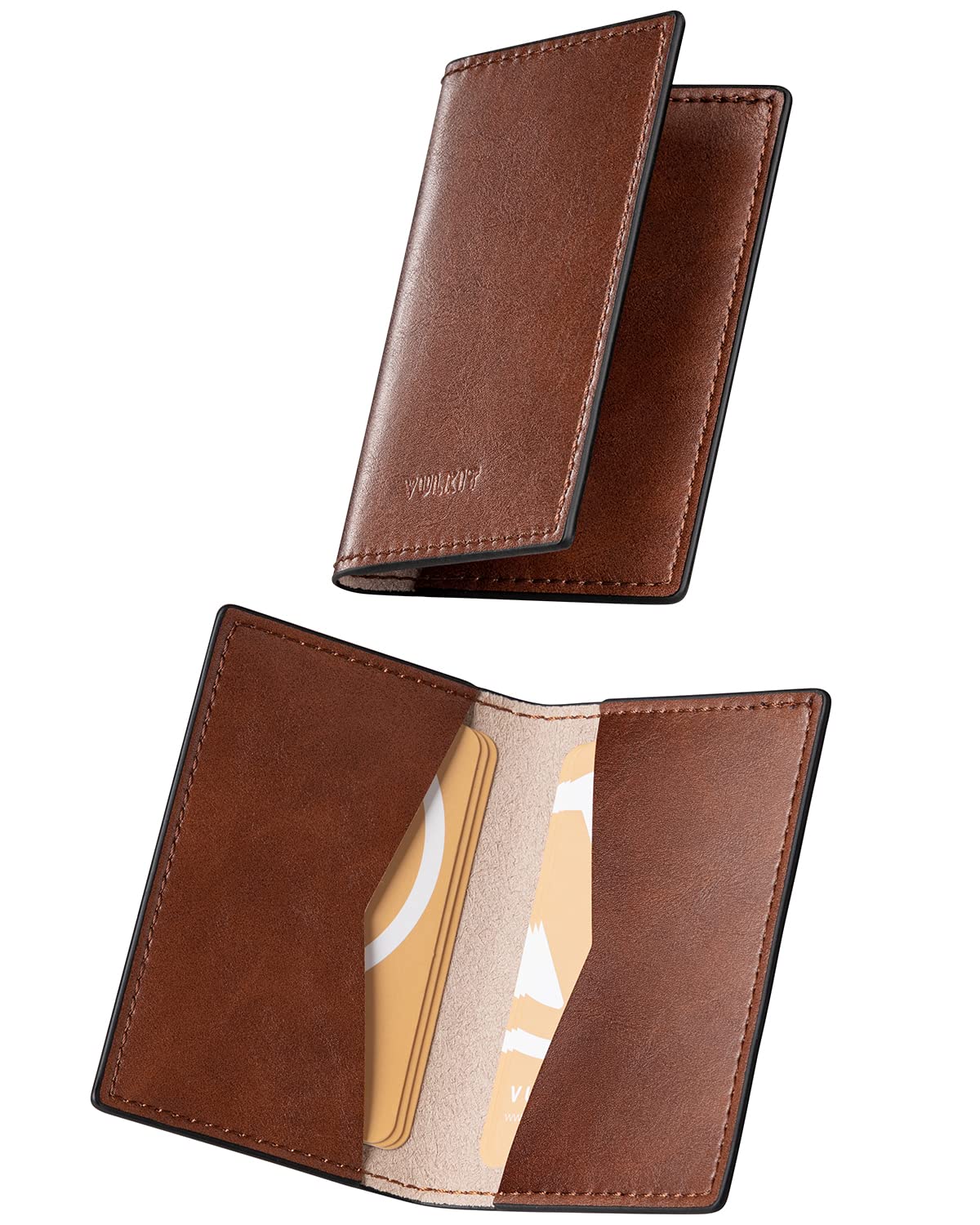 VULKIT Leather Business Card Holder 2 Sided Slim Business Name Card Organizer for Men or Women, Up to hold 20 cards (Vintage Brown)