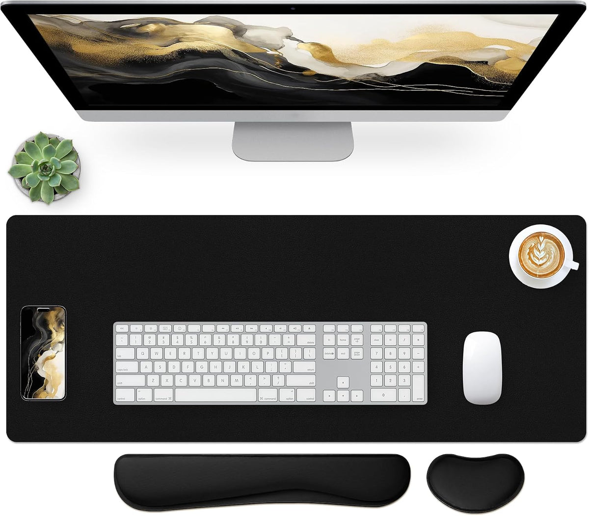 Bloss Leather Desk Pad and Keyboard Wrist Rest, Large Mouse Pad + Keyboard Pad+Mouse Wrist Support, Non-Slip Desk Mat Protector for Office, Home(31.5×15.7 Inches,Beige)