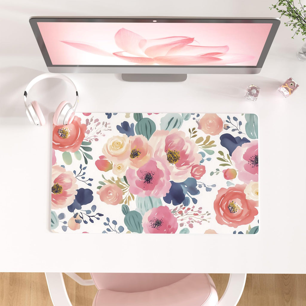 Faux Leather Large Mouse Pad, Office Desk Mat, 31.5"x15.7", Pink Floral