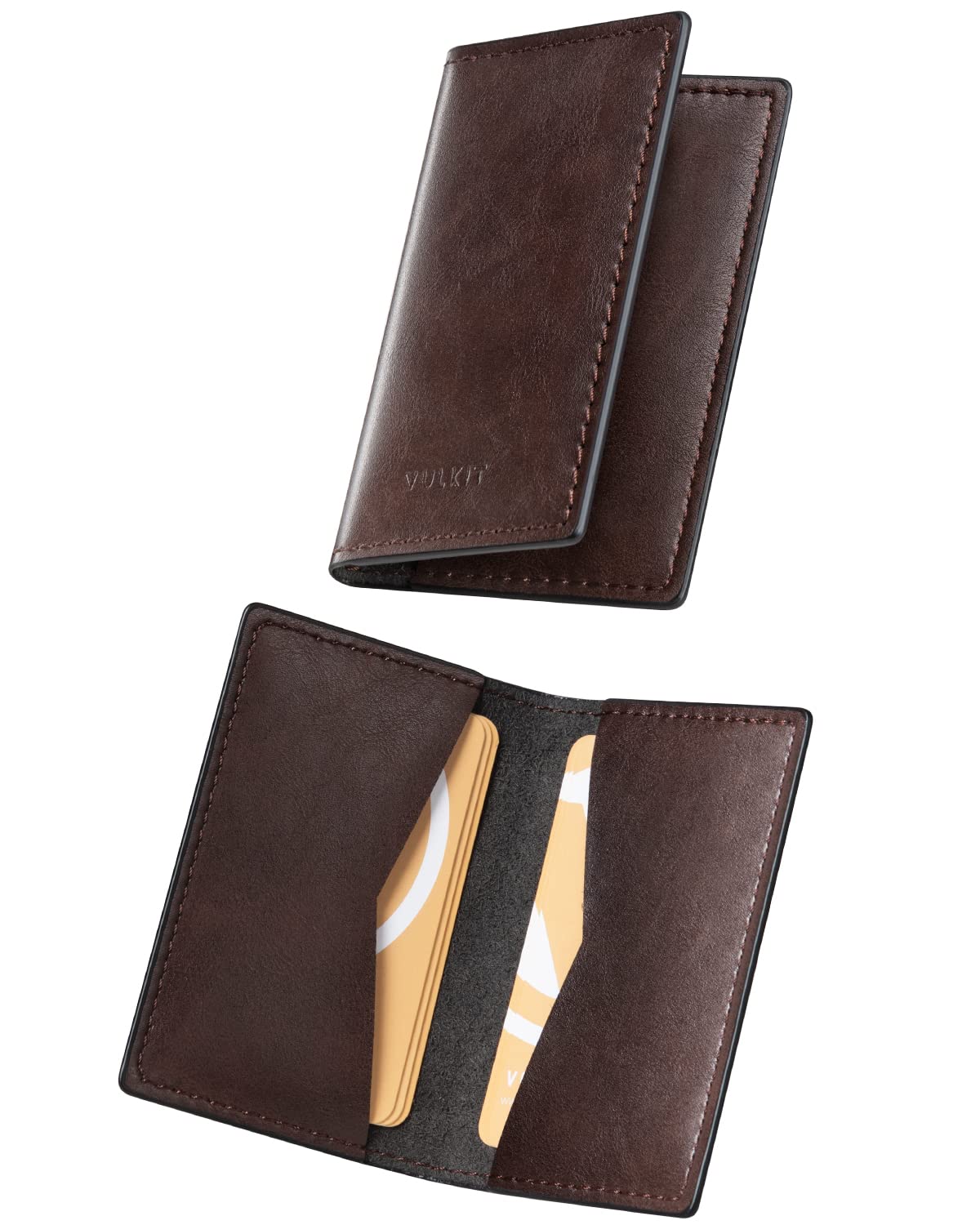 VULKIT Leather Business Card Holder 2 Sided Slim Business Name Card Organizer for Men or Women, Up to hold 20 cards (Vintage Brown)
