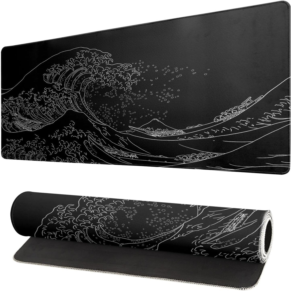 Brecoy Japanese Sea Wave Large Mouse Pad, Anime Black Gaming, Extended Kanagawa Mat Desk Pad, 3mm Thick Long Non-Slip Rubber Base Mice Pad, 31.5 X 11.8 Inch