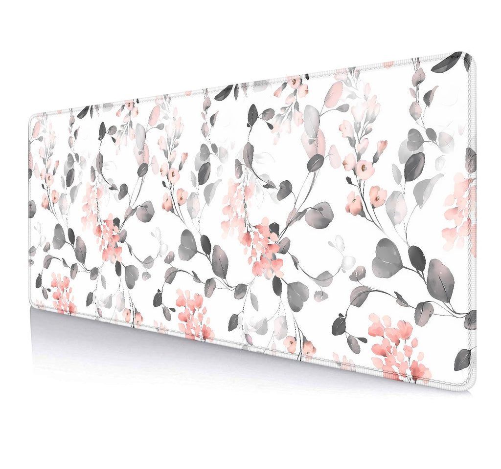 Large Mouse Pad Mousepad, Pink Flowers in a Blue Desk Mats for Desktop, Watercolor Beautiful Floral Laptop Computer Desk Pad, Non-Slip Rubber Base Desktop Mat, 31.5 x 11.8 inches