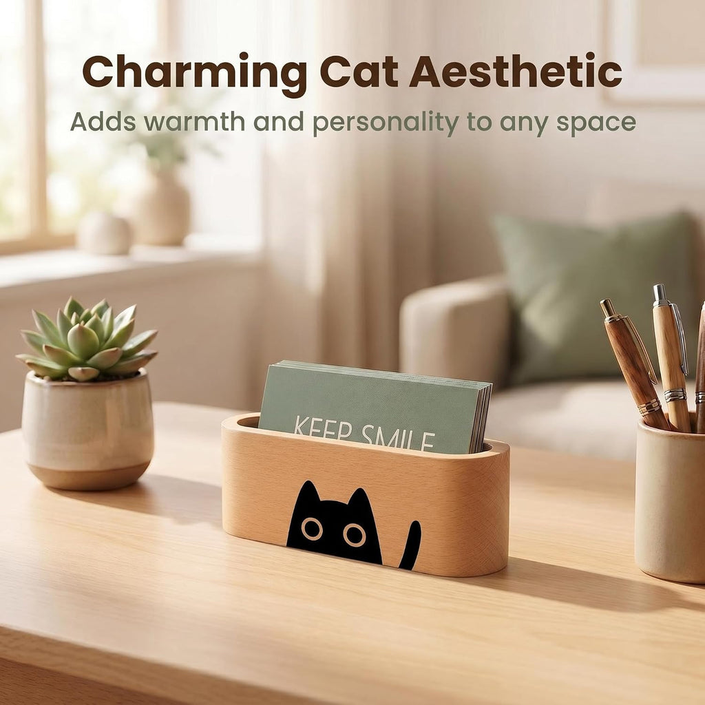 Natural Wooden Name Card Holder Wood Business Card Holder Office Desktop Card Display Stands Cat Pattern Cute
