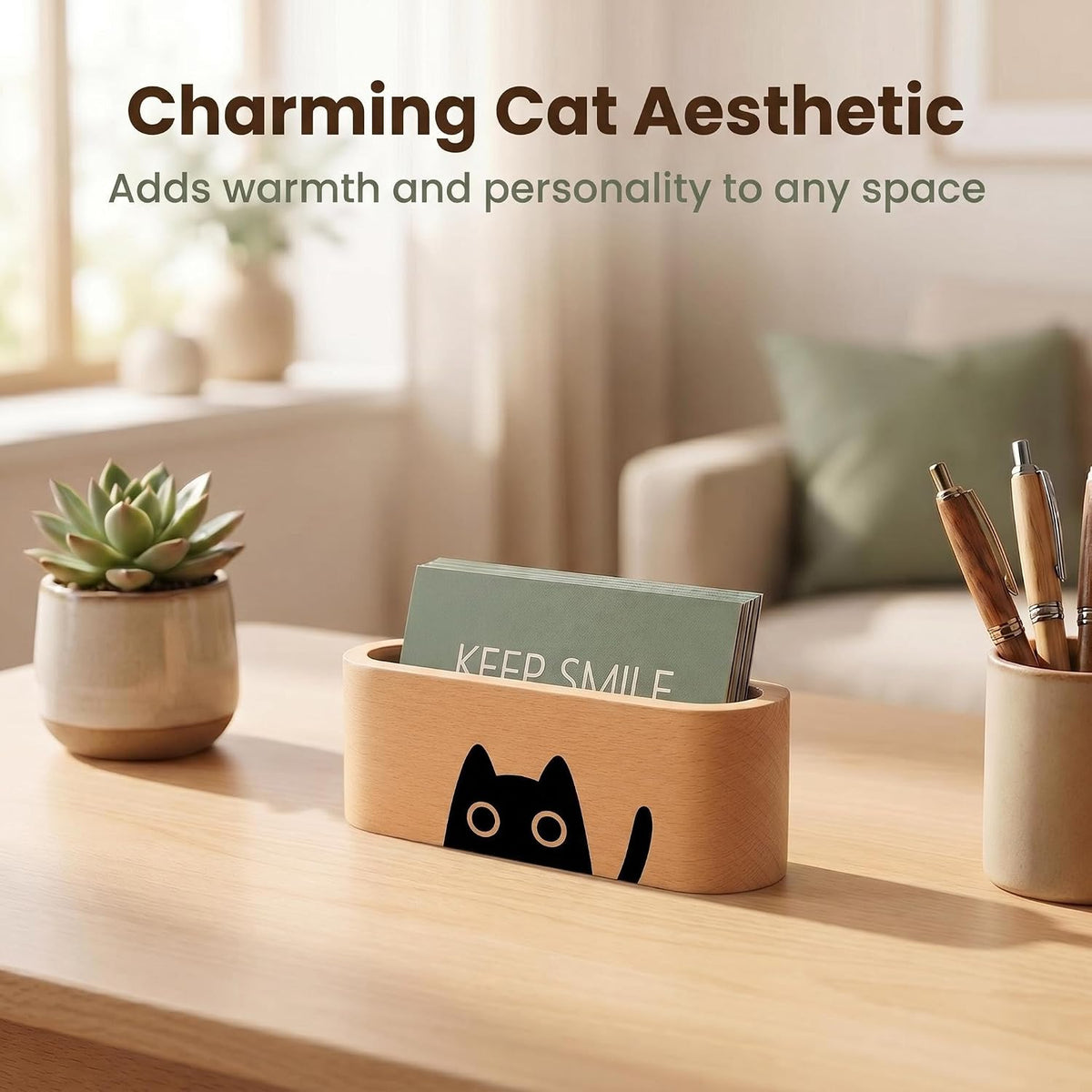 Natural Wooden Name Card Holder Wood Business Card Holder Office Desktop Card Display Stands Cat Pattern Cute