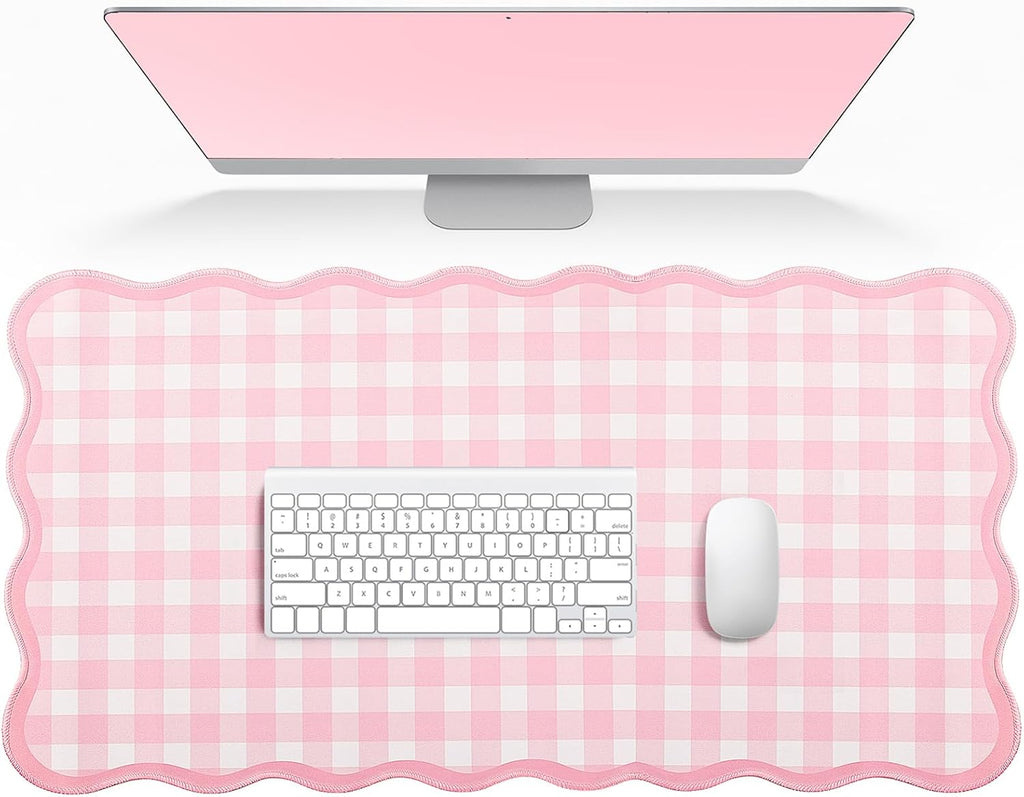 Scalloped Gingham Pink Desk Mat,Large Cute Desk Pad for Keyboard Mouse,Girly Mouse Pad for Desktop Office