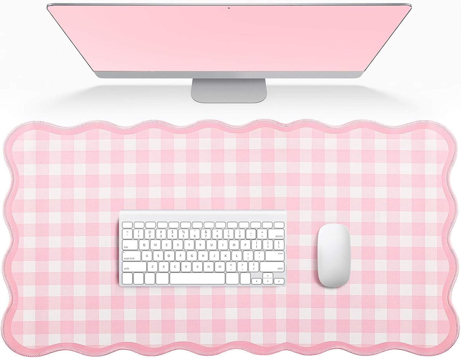 Scalloped Gingham Pink Desk Mat,Large Cute Desk Pad for Keyboard Mouse,Girly Mouse Pad for Desktop Office
