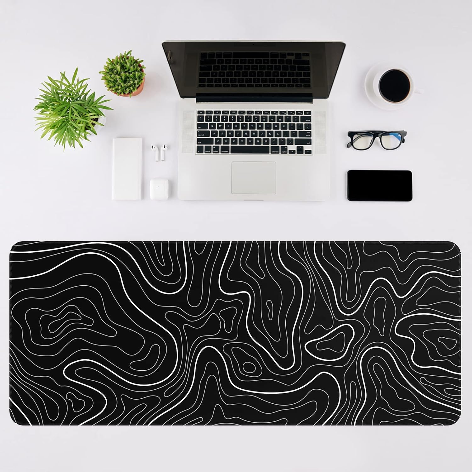 DIGSOM Gaming Mouse Pad, Black with White Topographic Line, 31.5x11.8in