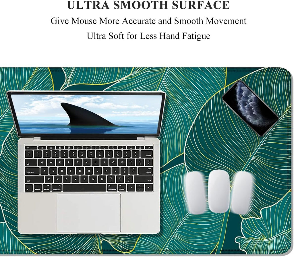 Auhoahsil Desk Mat, Ultra Large Mouse Pad, XXL Gaming Mousepad, Green Tropical Leaves Deskpad, Big Extended Full Size Mouse Pad, Desktop Desk Matt for Keyboard, Laptop & Computer, 35.5 x 15.7 in