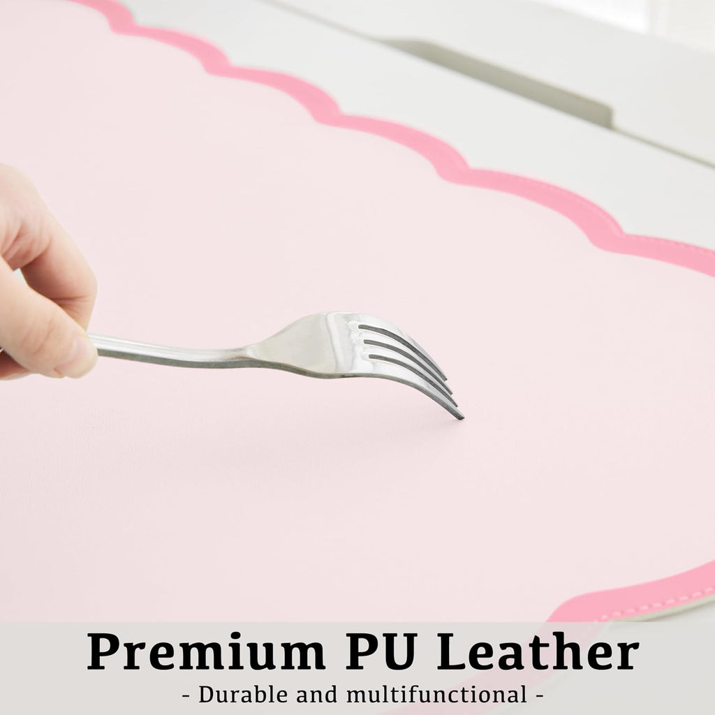Scalloped Desk Mat, 31.5" x 15.7" Large Cute Aesthetic Desk Accessories, PU Leather Computer Laptop Desk Mouse Keyboard Pad, Desk Writing Mat for Vanity/Work/Home Decor (Pink, 31.5" x 15.7")