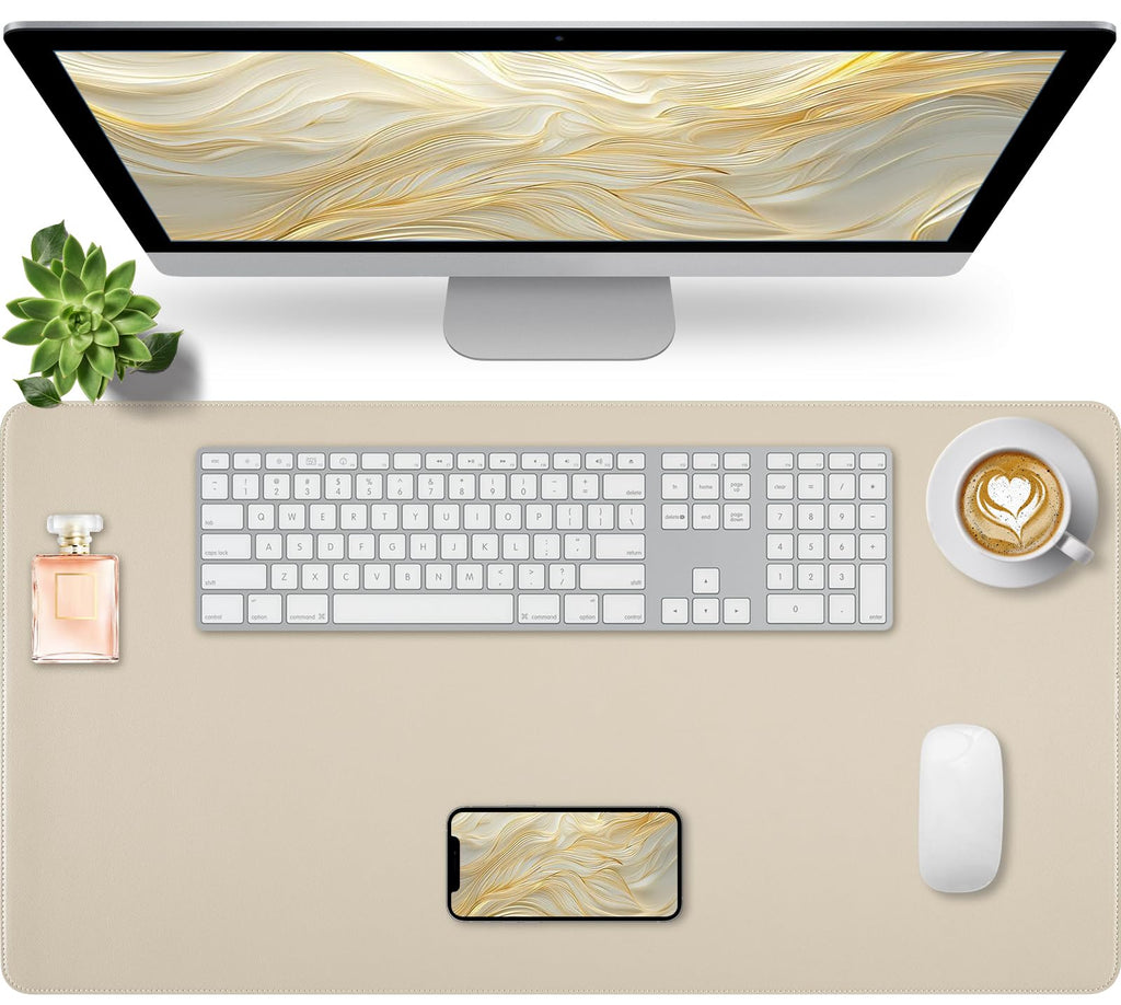 Bloss Leather Desk Pad and Keyboard Wrist Rest, Large Mouse Pad + Keyboard Pad+Mouse Wrist Support, Non-Slip Desk Mat Protector for Office, Home(31.5×15.7 Inches,Beige)