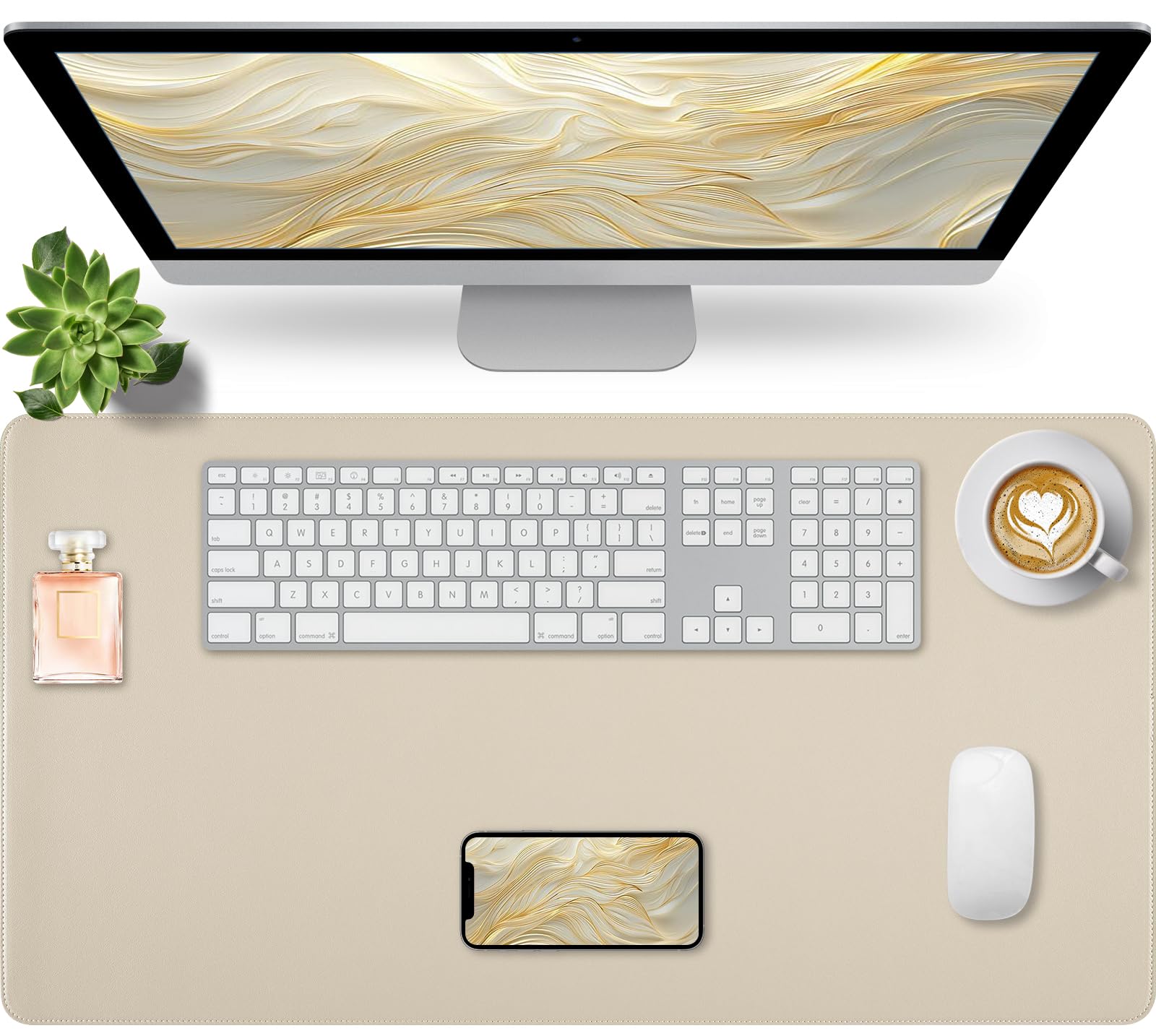 Bloss Leather Desk Pad and Keyboard Wrist Rest, Large Mouse Pad + Keyboard Pad+Mouse Wrist Support, Non-Slip Desk Mat Protector for Office, Home(31.5×15.7 Inches,Beige)