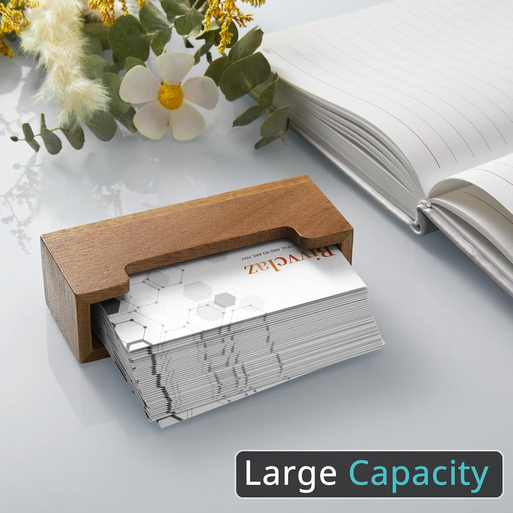 Bivvclaz Business Card Holder Desk, Acacia Wood Business Card Organizer Desktop Business Card Display Stand for Office Tabletop Exhibition, Small Business Essentials