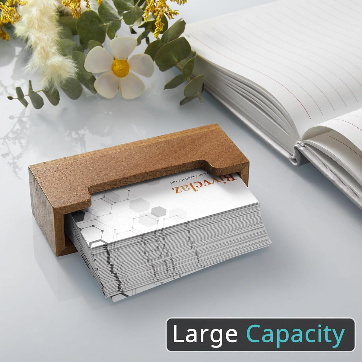 Bivvclaz Business Card Holder Desk, Acacia Wood Business Card Organizer Desktop Business Card Display Stand for Office Tabletop Exhibition, Small Business Essentials