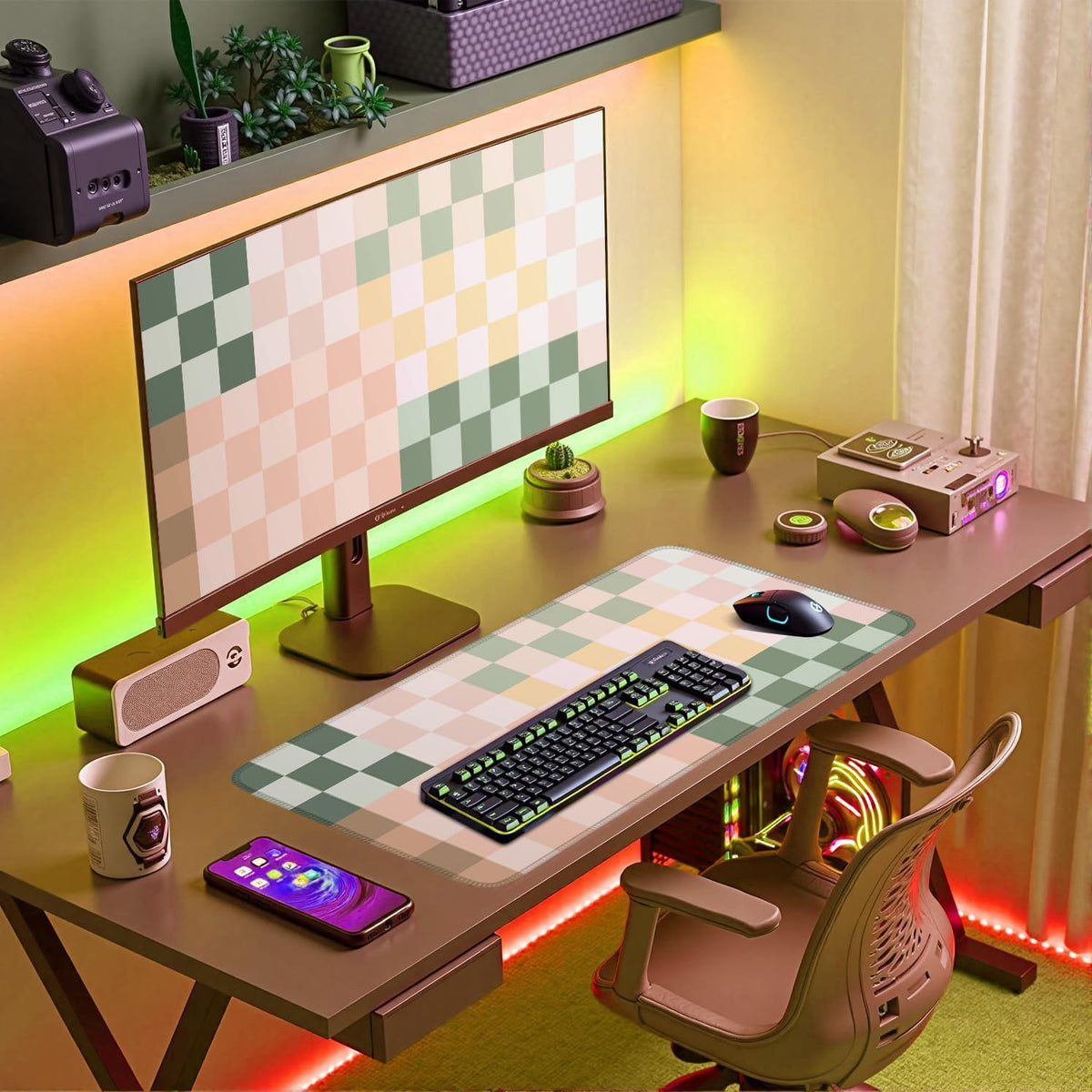 Checkered Desk Mat Cute Pink Pastel XXL Large Mouse Pad Aesthetic Boho Desk Pad with Stitched Edges, Office Decor Keyboard Pad Mouse Mat for Computer