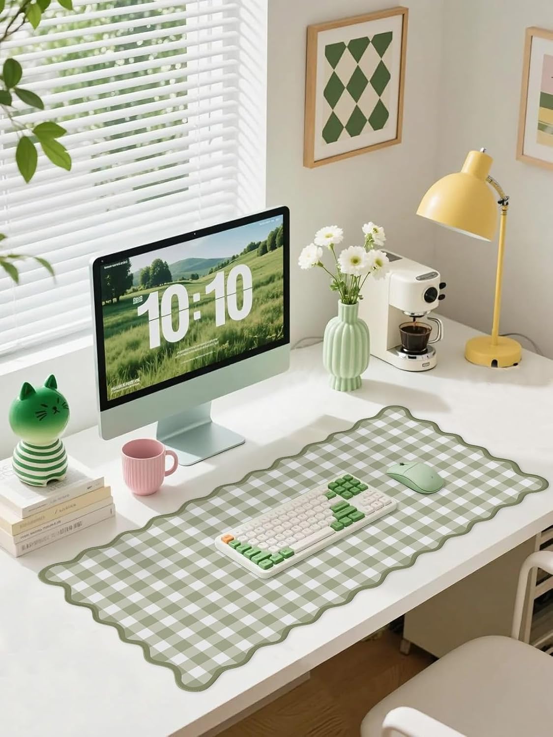 Scalloped‌ Green Checkered Desk Mat Cute Pastel Large Gaming Mouse Pad Gingham Kawaii Cottagecore ‌Vintage‌ Girly Keyboard Computer Mat Aesthetic Desk Pad Accessories Office Decor for Women