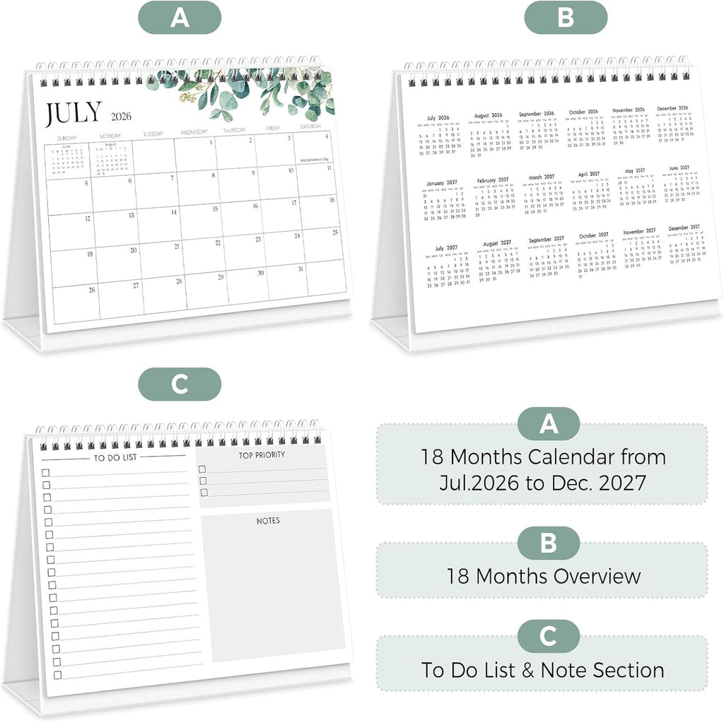 SKYDUE Small Desk Calendar 2026-2027, Jul. 2026- Dec. 2027, 8x6 Compact Standing Flip Desktop Calendar, Leaf