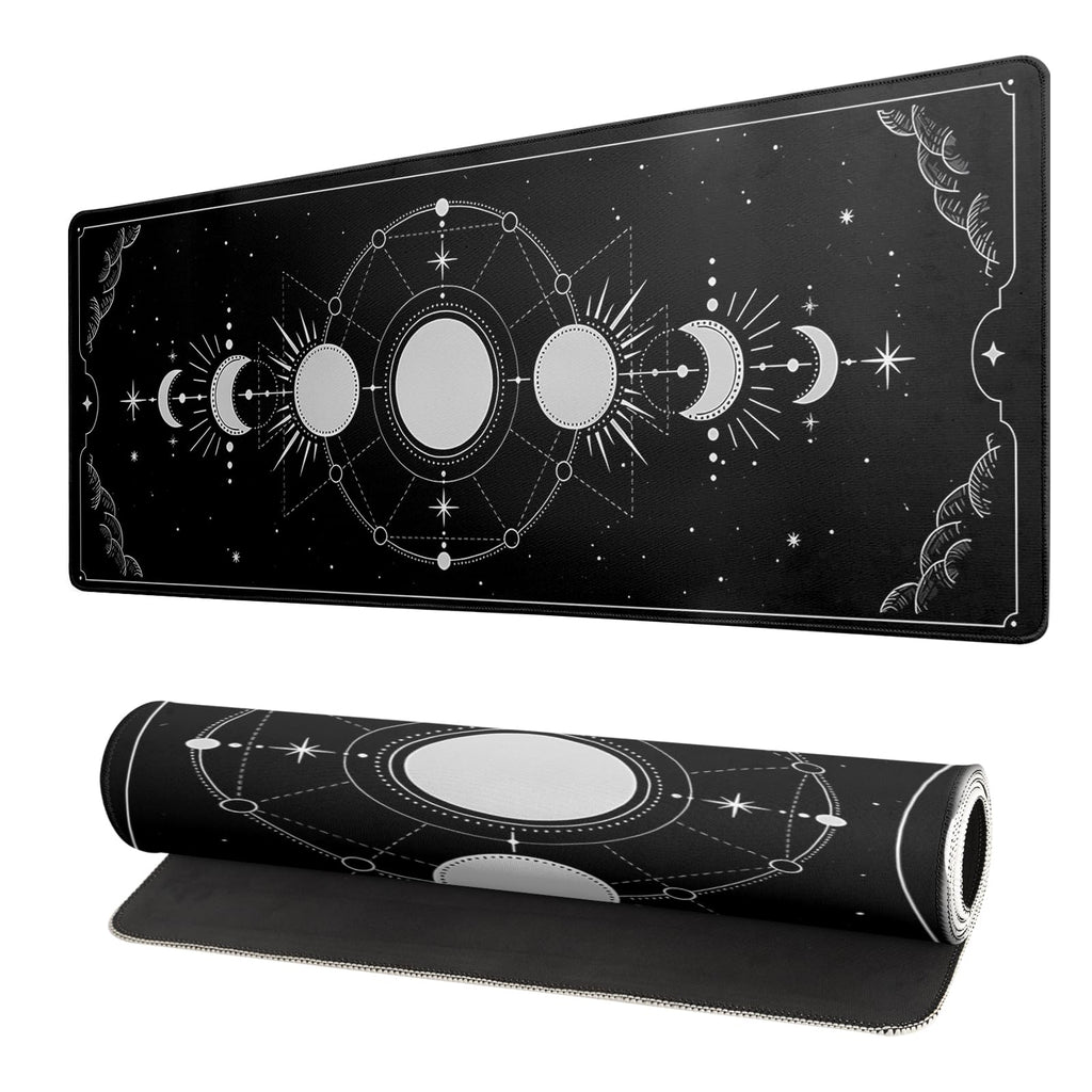 Black and White Japanese Wave Dragon Gaming Mouse Pad - Abstract Mat with Non-Slip Rubber Base, 31.5x11.8 Inch, Stitched Edges - Desk Pad for Office and Home