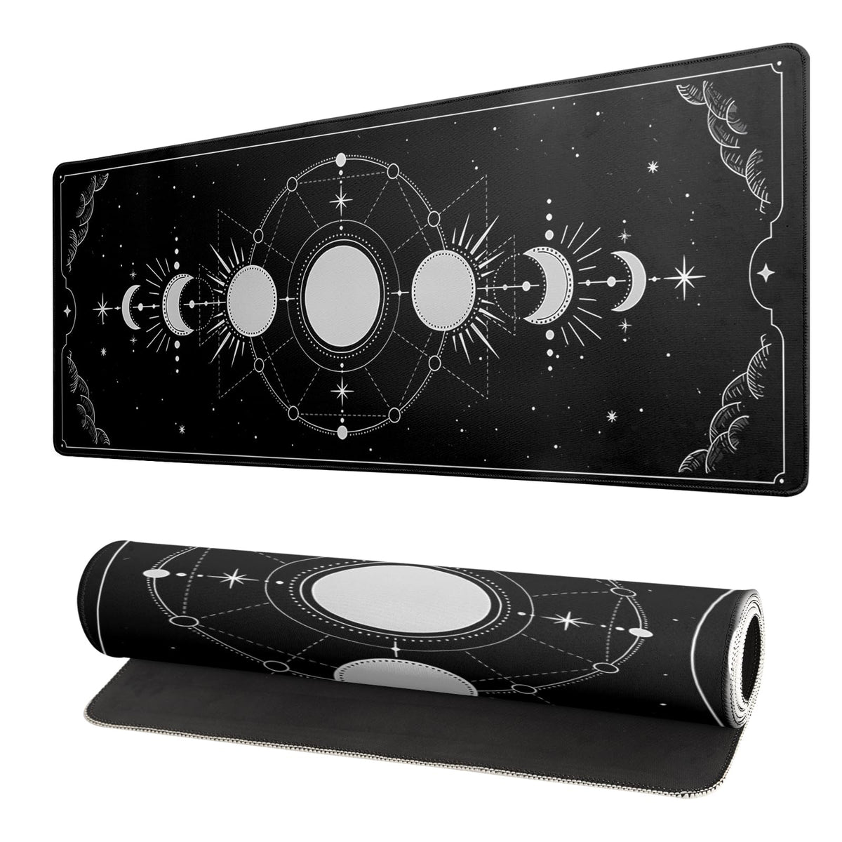 Black and White Japanese Wave Dragon Gaming Mouse Pad - Abstract Mat with Non-Slip Rubber Base, 31.5x11.8 Inch, Stitched Edges - Desk Pad for Office and Home