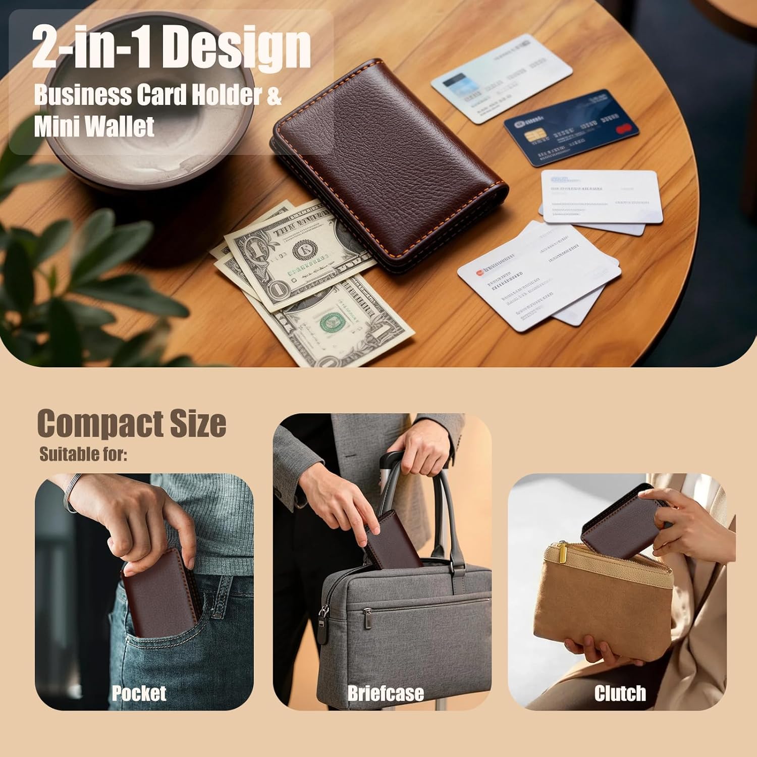 Business Card Holder PU Leather with Magnetic Closure, Slim Pocket Name Card Case for Men & Women, Professional Card Wallet for Office & Travel (Brown)