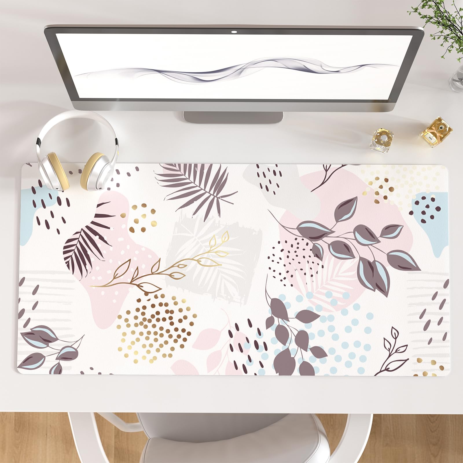 QIYI PU Leather Large Mouse Pad, Waterproof Desk Mat, 31.5" x 15.7", Peony