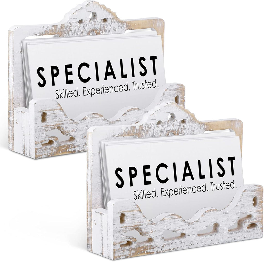 Vintage 2 Pcs Business Card Holder Display Wooden Open Card Stand Farmhouse Organizer Hollowed for Home Office Counters Receptions Trade Displays