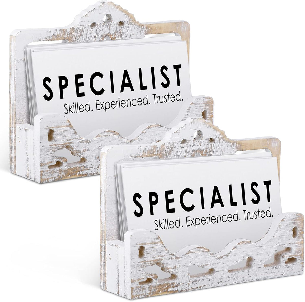 Vintage 2 Pcs Business Card Holder Display Wooden Open Card Stand Farmhouse Organizer Hollowed for Home Office Counters Receptions Trade Displays