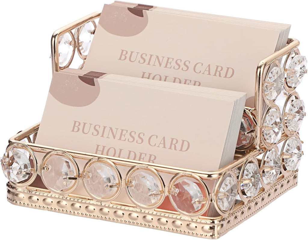 Hipiwe 2 Tiers Crystal Business Card Holder Gold Mirrored Cards Organizer
