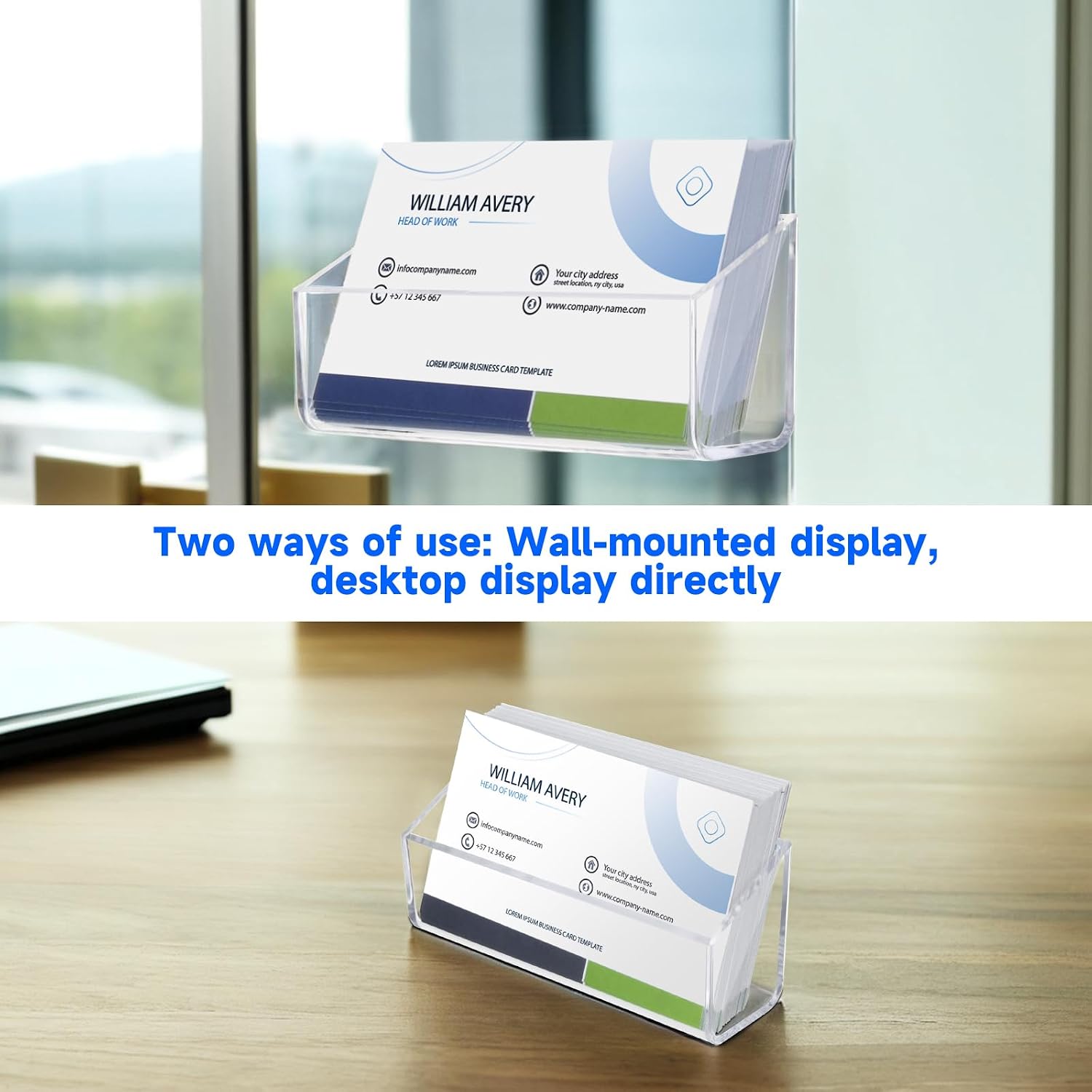 Acrylic Business Card Holder, 2 Pack Wall Mount Name Card Holder, Office Calling Cards Display Holder Stand, Visiting Cards Desktop Organizer for Wall Mount or Place on Desk, Fits 40-60 Business Cards