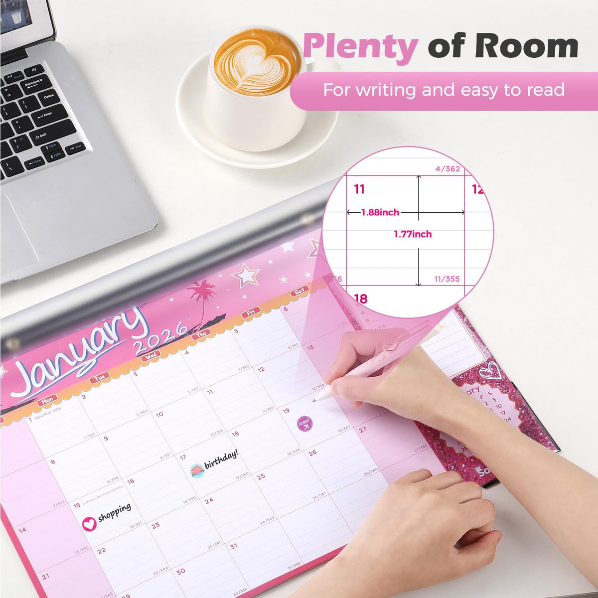 Desk Calendar 2026 with Clear Waterproof Cover 17 x 12 inch 18 Months Wall Calendar Runs from Jul. 2025 to Dec. 2026 School Year Calendar for Schedule Organization Monthly Planner, Pink