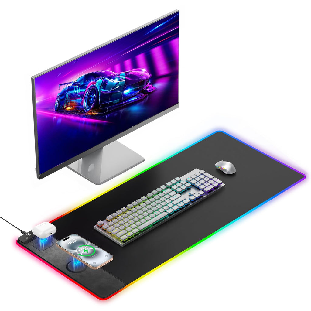 XXL Mouse Pad with Phone Holder - Black, RGB Desk Mat with 15W Fast Charging, LED Gaming Mousepad with 11 Light Colors, Waterproof Non-Slip Pad for Office & Home (Black with PD Adapter)