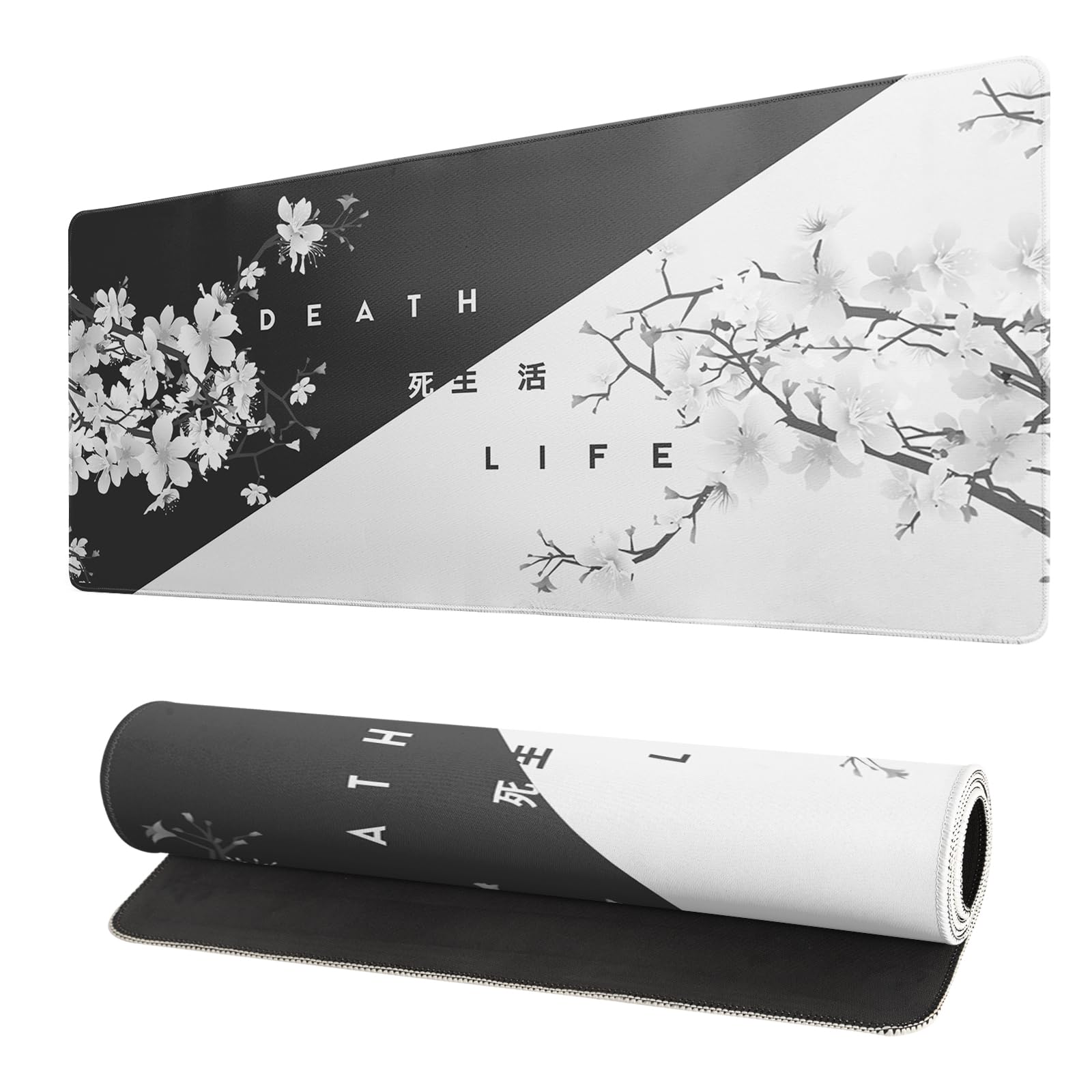 Black and White Japanese Wave Dragon Gaming Mouse Pad - Abstract Mat with Non-Slip Rubber Base, 31.5x11.8 Inch, Stitched Edges - Desk Pad for Office and Home