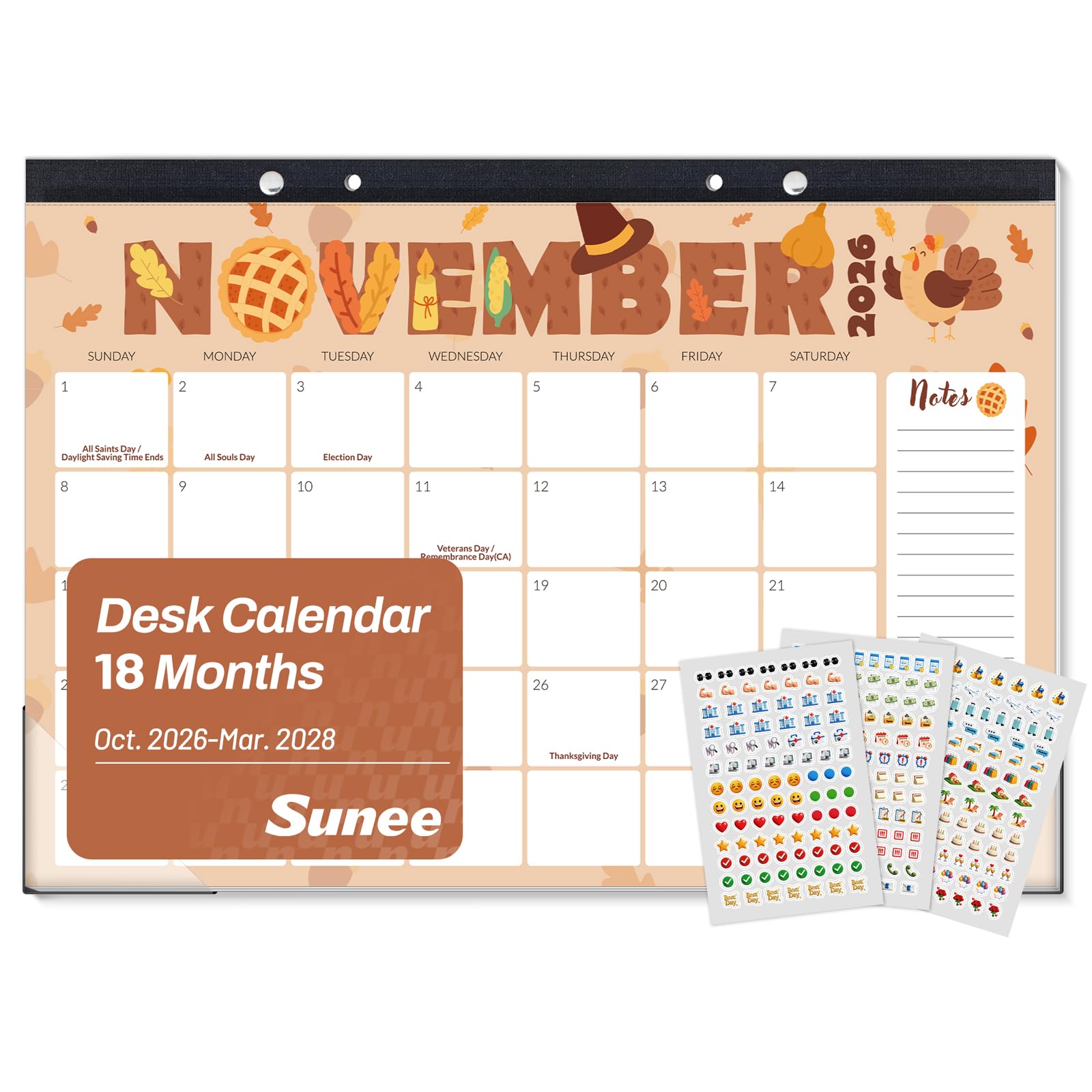 SUNEE Desk Calendar 2026-2027, 17" x 12", 18 Month Calendar Jul. 2026 - Dec. 2027, Calendar 2026-2027 With Notes, for Planning, Organizing in Family, School or Office, Cute