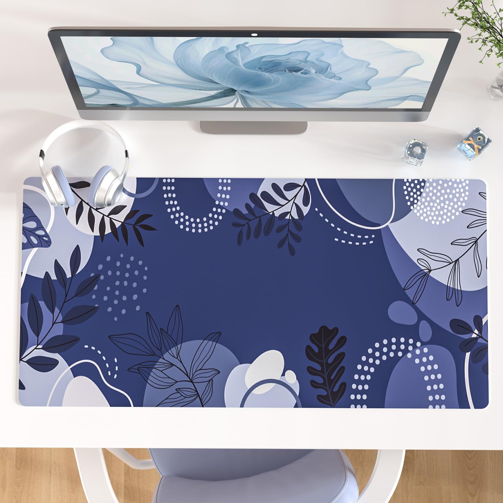 Faux Leather Large Mouse Pad, Office Desk Mat, 31.5"x15.7", Pink Floral