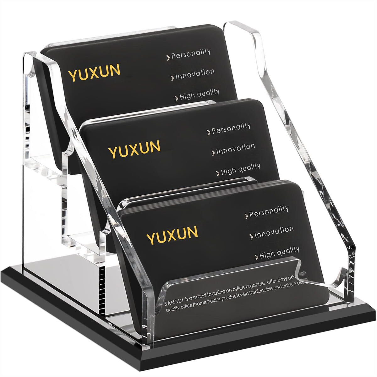 YUXUN Black Business Card Holder for Desk-2 Tier 2 Slot, Acrylic Business Card Holder for Women Men, 100+ Business Cards Display Stand, Multiple Business Card Display for Exhibition, Home, Office