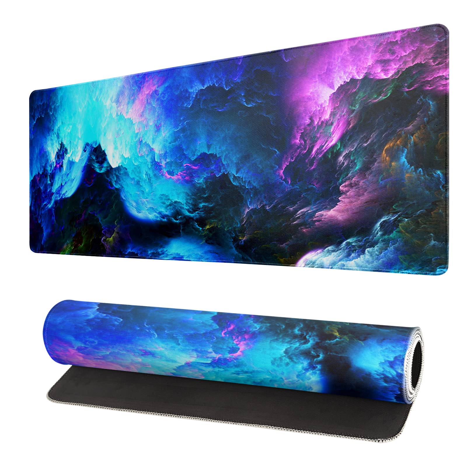 Black and White Japanese Wave Dragon Gaming Mouse Pad - Abstract Mat with Non-Slip Rubber Base, 31.5x11.8 Inch, Stitched Edges - Desk Pad for Office and Home