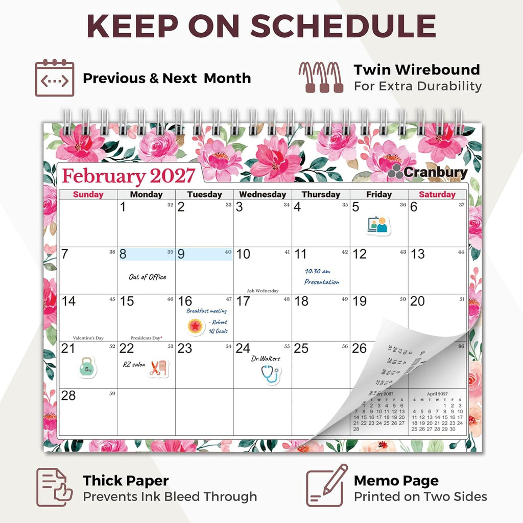 CRANBURY 2026-2027 Small Desk Calendar 8x6, Standing Flip Planner