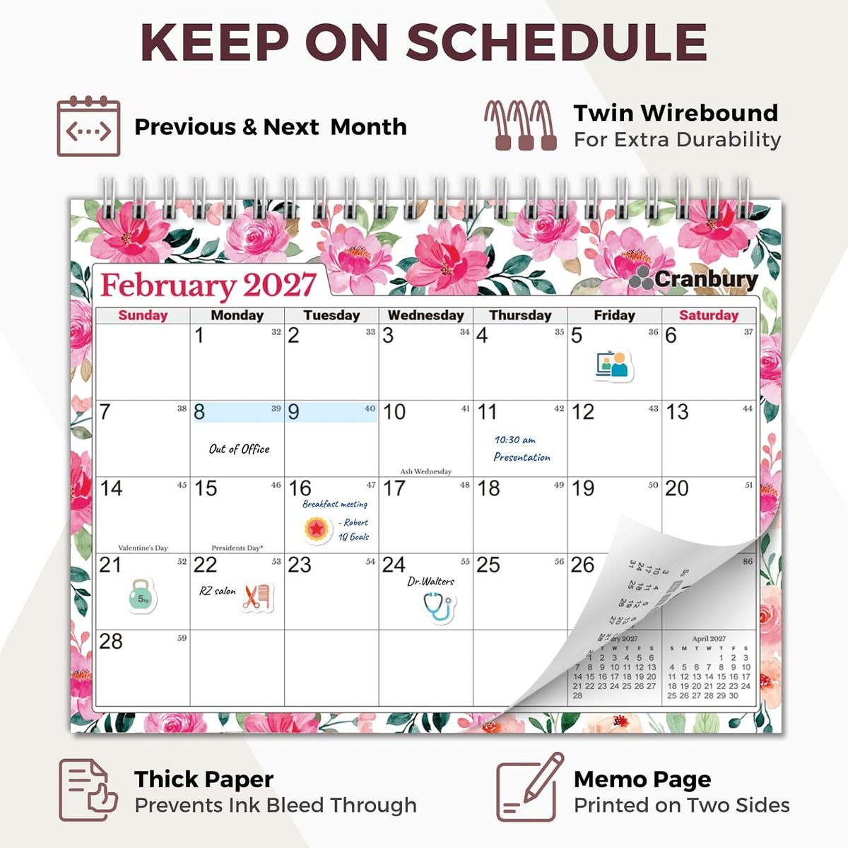 CRANBURY 2026-2027 Small Desk Calendar 8x6, Standing Flip Planner