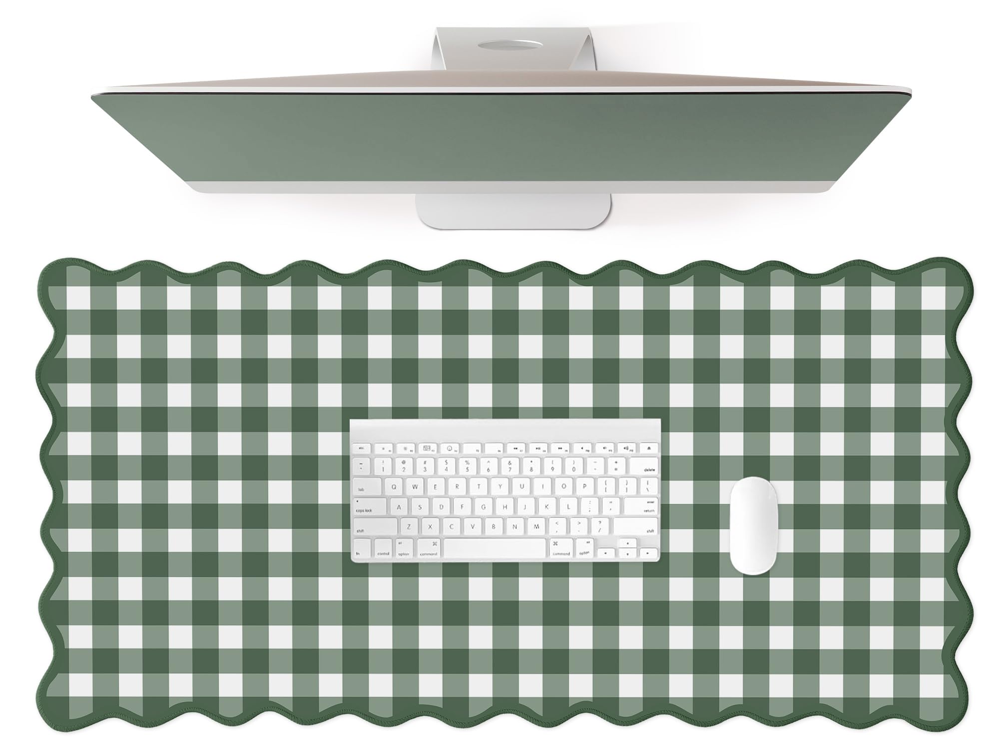 Scalloped‌ Green Checkered Desk Mat Cute Pastel Large Gaming Mouse Pad Gingham Kawaii Cottagecore ‌Vintage‌ Girly Keyboard Computer Mat Aesthetic Desk Pad Accessories Office Decor for Women