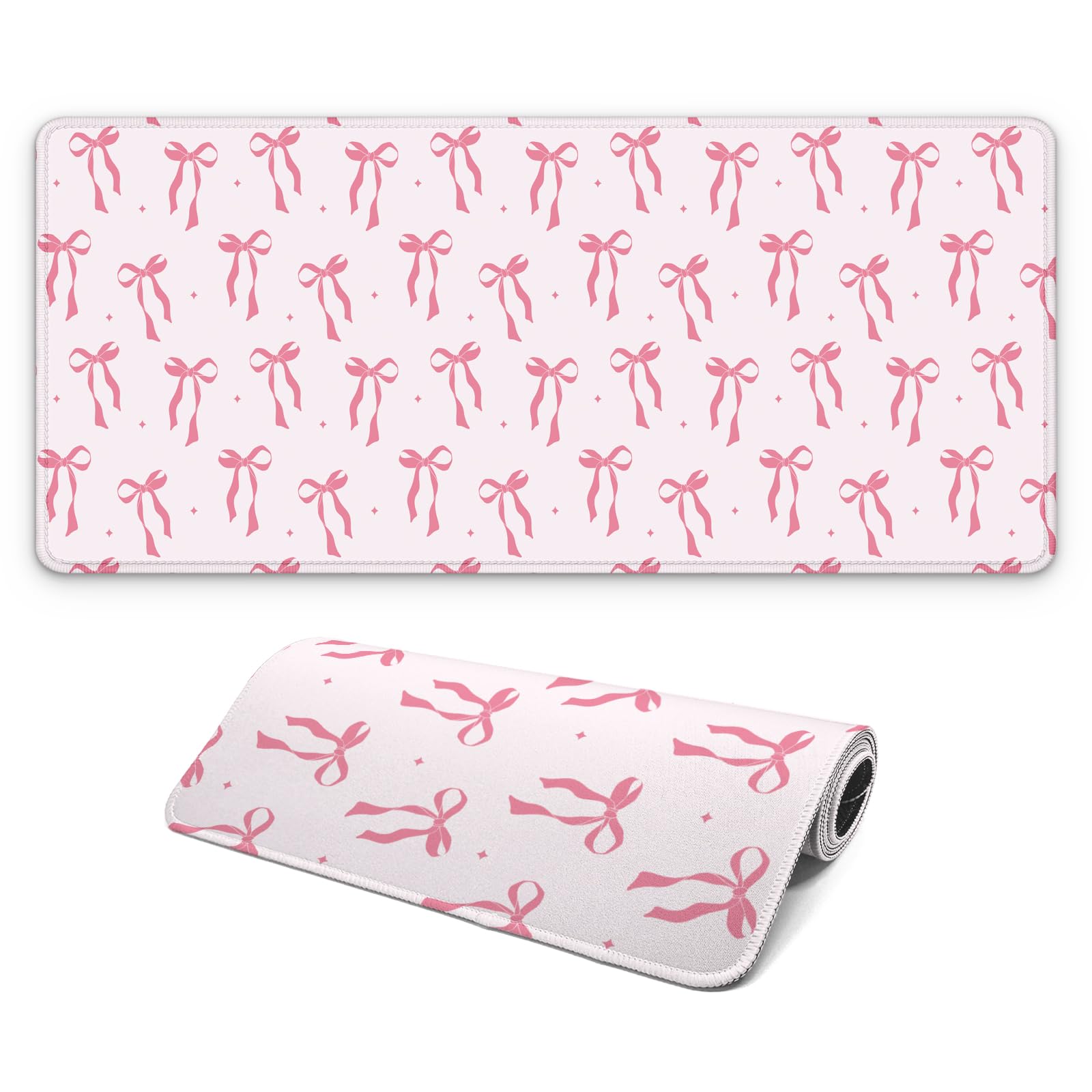 Large Computer Mouse Pad with Non-Slip Base for Desktop, Cute Gaming Mouse Mat with Stitched Edges, Long Extended Anime Mousepad for Laptop, 31.5 x 11.8 inches (Cute Ribbon Bow)