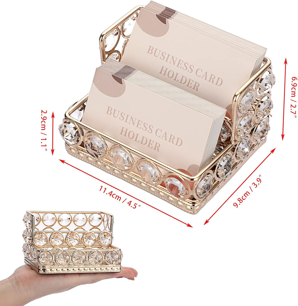 Hipiwe 2 Tiers Crystal Business Card Holder Gold Mirrored Cards Organizer
