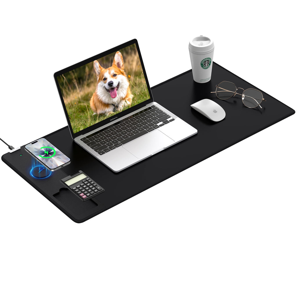 XXL Mouse Pad with Phone Holder - Black, RGB Desk Mat with 15W Fast Charging, LED Gaming Mousepad with 11 Light Colors, Waterproof Non-Slip Pad for Office & Home (Black with PD Adapter)